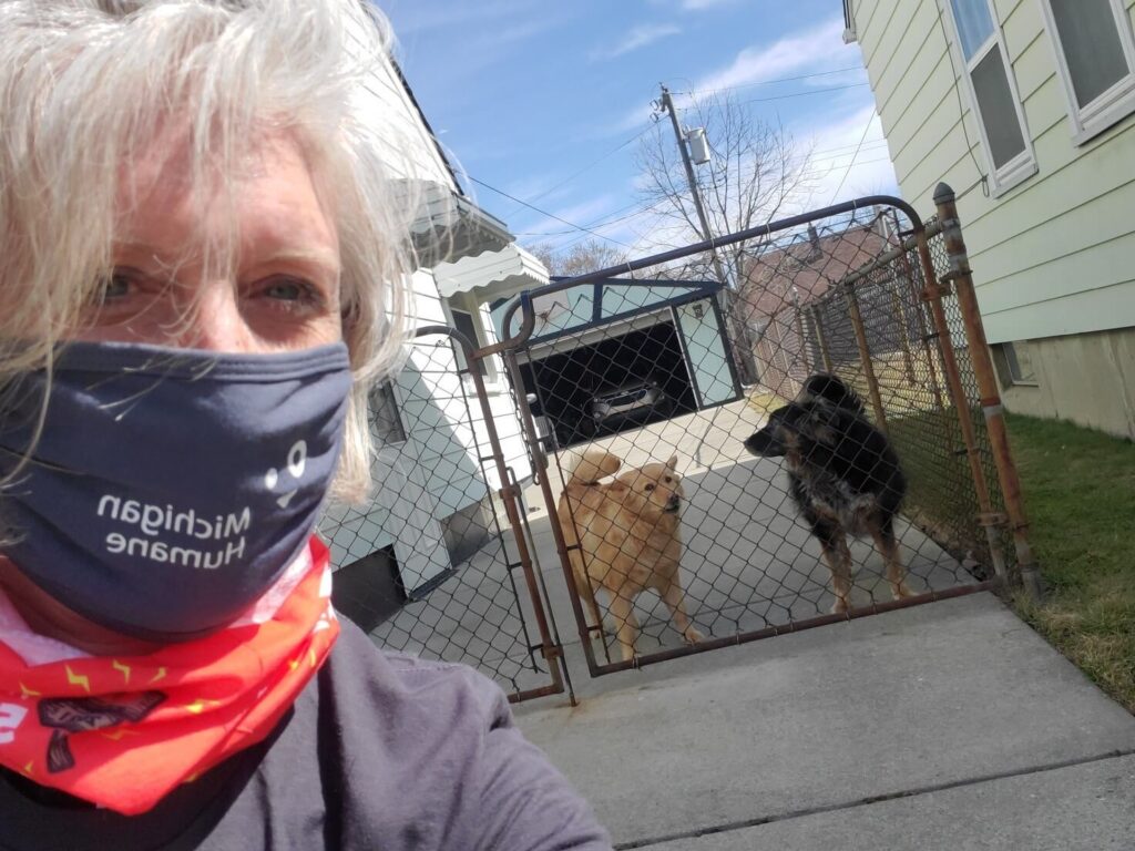 Woman helping dogs in Detroit's Warrendale neighborhood.