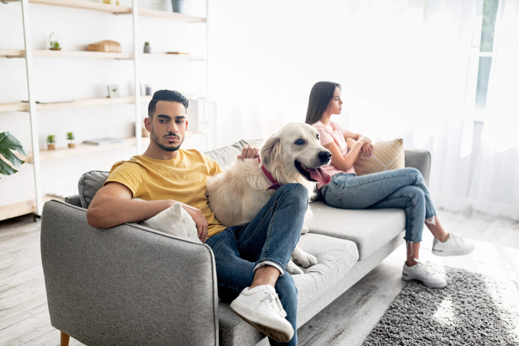 Couple fighting while dog sits on couch
